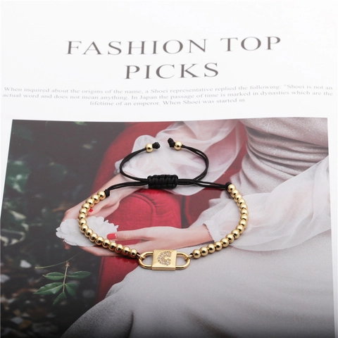 Adjustable Beaded Bracelet Copper With Zircon Initial Letter Lock Pendant Black Rope Woven Fashion Jewelry For Women Men