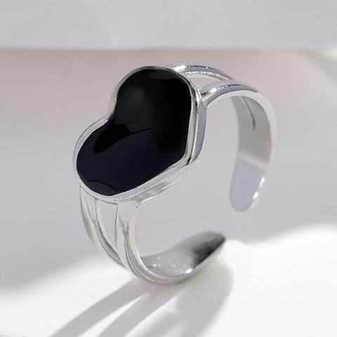 Heart Open Ring Stainless Steel Double Layer Minimalist French Retro Drip Oil Adjustable Jewelry For Women