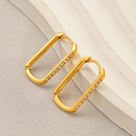 Rectangular Hoop Earrings 18K Gold Plated Stainless Steel Rhinestone Encrusted Geometric Minimalist Jewelry For Women