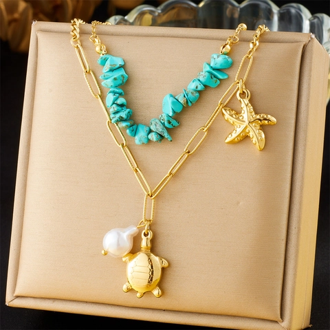 Collana Multistrato Acciaio Inossidabile Pietra Turchese Perla Artificial Ciondoli Stella Marina Tartaruga Gioielli Spiaggia Donna