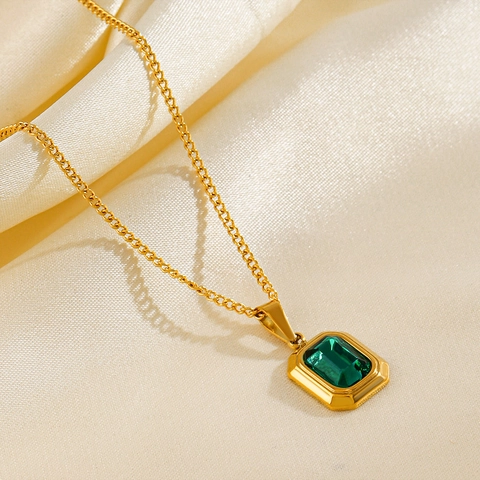 Stainless Steel Necklace 18K Gold Plated Geometric Square Emerald Green Gemstone Vintage Elegant Jewelry For Women