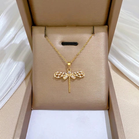 Collana Pendente Libellula Oro Lusso Con Catena Acciaio Inossidabile Rame Zircone Micro Pavé Elegante Gioielli