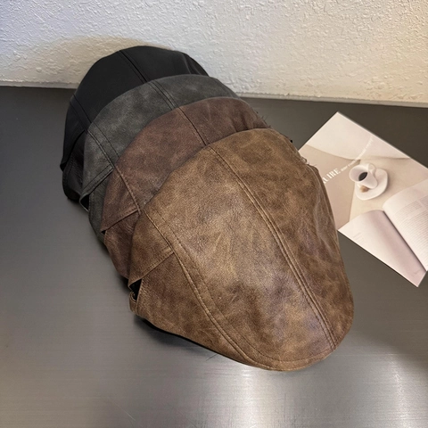 Vintage PU Leather Flat Cap Solid Color Ivy Hat Adjustable Newsboy Cabbie Cap Unisex Autumn Winter Fashion Accessories