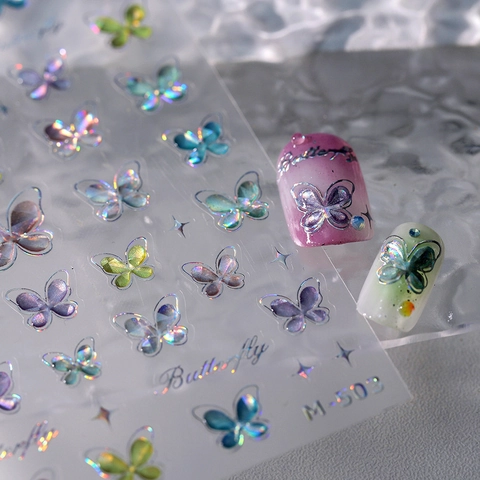 Holografische Schmetterling Nagelaufkleber Ultradünn Selbstklebend Aurora Blumen Relief DIY Maniküre Dekoration