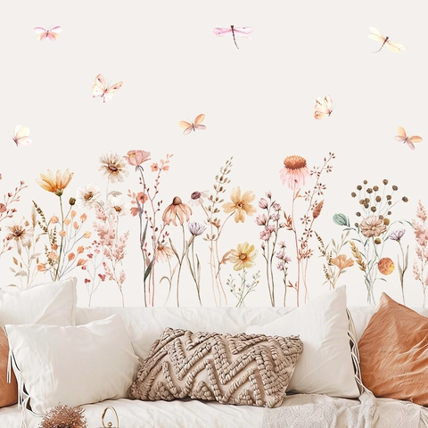 Watercolor Wildflower And Butterfly Wall Stickers PVC Removable Window Clings For Living Room Bedroom Bohemian Style Decor
