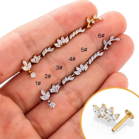 Stainless Steel Lip Rings Internal Thread Zircon Leaf Crown Labret Studs Helix Piercing Jewelry