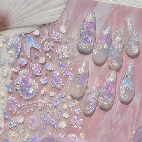 5D Embossed Mermaid Nail Art Stickers Aurora Laser Ocean Shell Fish Tail DIY Manicure Decoration PET