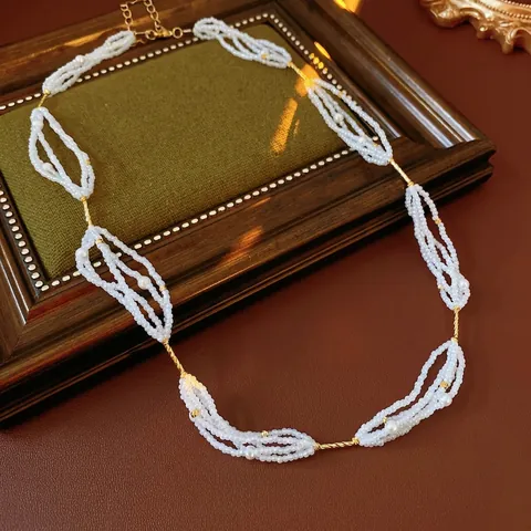 Halskette Im Französischen Retro Palaststil Mehrreihig Gewebte Glasperlen Mit Kupferketten Schlüsselbein Schmuck Damen