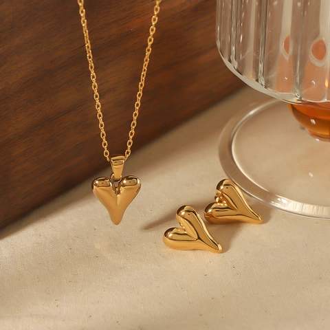 Heart Pendant Necklace And Earrings High Polished 18K Gold Plated Stainless Steel Mirror Finish Minimalist For Women