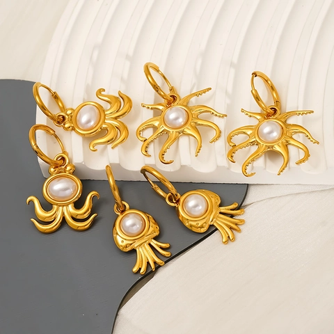 Orecchini A Cerchio Polpo Medusa Acciaio Inossidabile 304 Placcato Oro 18K Con Perla Artificial Stile Oceano Per Donne