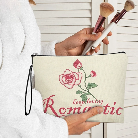 Borsa Trucco Con Stampa Rose Texture Lino Astuccio Cosmetici Con Cerniera E Cinturino Da Polso Estetica Romantica Viaggio