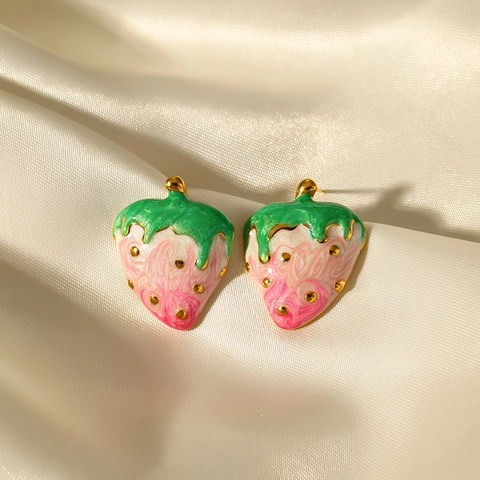 Pendientes Colgantes Creativos de Fresa de Acero Inoxidable 304 para Mujer Moda Bañado en Oro 18K Forma de Fruta Joyería