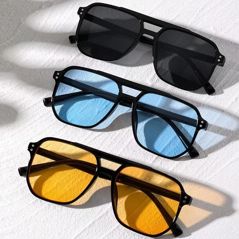 Retro Double Bridge Sunglasses Large Frame PC UV Protection Vintage Eyewear For Men Women Fashion Shade Rivet Decor