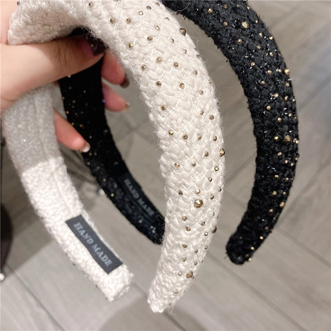 Retro Breit Gepolstert Stirnband Strass Tweed Stoff Haarreif Elegant Kopfschmuck Accessoire Für Frauen Handgefertigt