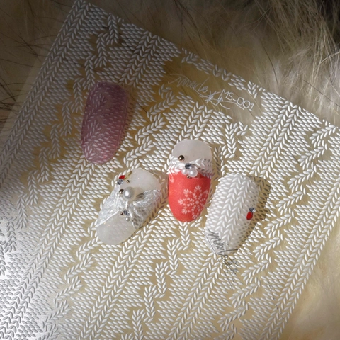 Autocollants Art Des Ongles 5D Gaufré Style Japonais 3D Texture Tricot Pull Flocon De Neige Noël Hiver Relief