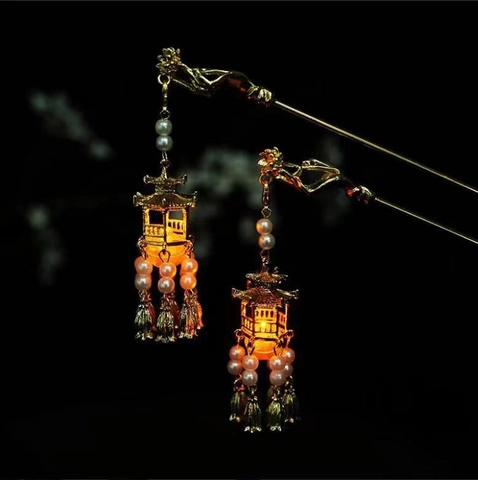Vintage Alloy Hair Stick Luminous LED Lantern Tassel Hanfu Accessory Retro Faux Artificial Pearl Hairpin For Women