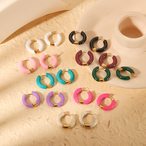 Orecchini A Cerchio Smalto Colorato Acciaio Inossidabile Placcato Oro 18K Tondo Olio Goccia Gioielli Donna