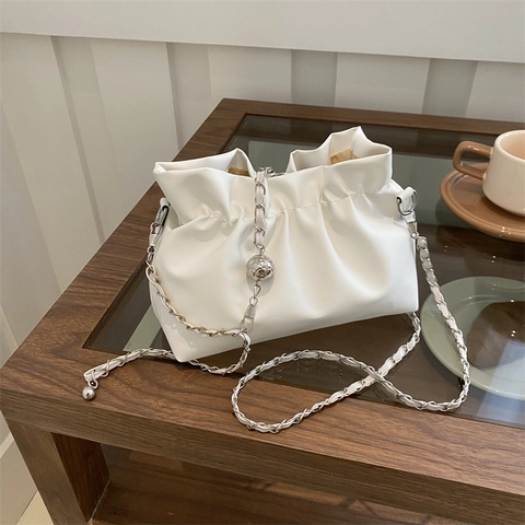 Ruched Cloud Bag For Women PU Leather Crossbody Shoulder Bag With Adjustable Silver Metal Ball Chain Strap Elegant