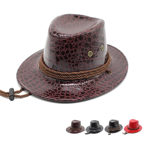 Sombrero De Vaquero Occidental Cuir PU Patrón Cocodrilo Ala Ancha Exterior Sombrero De Sol Con Cuerda De Viento Ajustable