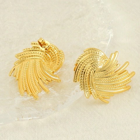 Gewebte Spiral Ohrstecker 18K Vergoldeter Edelstahl Retro Texturierte Fächer Feder Übertriebene Mode Damen