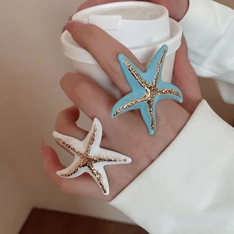 Starfish Open Ring Exaggerated Alloy Enamel Coastal Ocean Theme Bohemian Adjustable Gold Textured Jewelry For Women