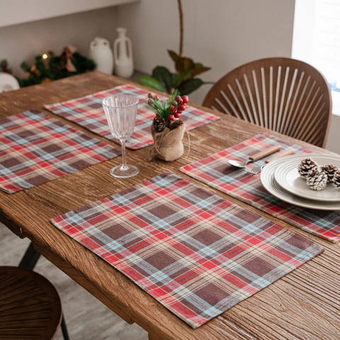 Sets De Table De Noël À Carreaux Résistants À La Chaleur Double Couche Coton Polyester Décoration De Table Américain Rétro Rectangulaire