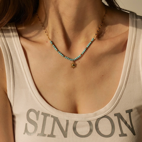 Sun Pendant Necklace Stainless Steel Gold Plated Turquoise Beads Bohemian Style Retro Jewelry For Women