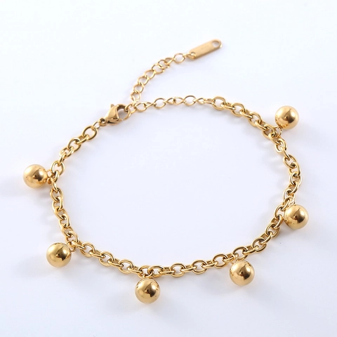 Pulsera De Cadena Minimalista De Acero Inoxidable Chapado En Oro De 18K Cuentas Redondas Borla Elegante Joyería Para Mujer