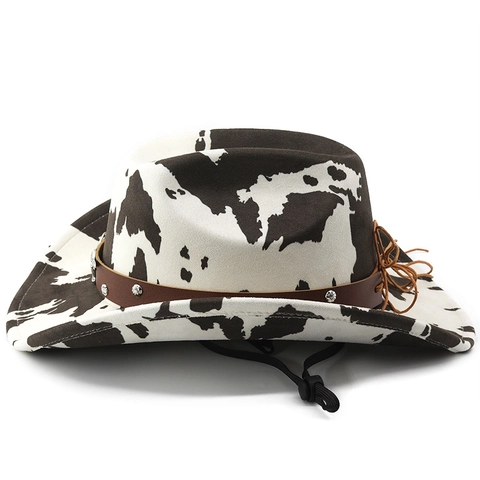 Cowboyhoed Met Koeprint Westernstijl Met Metalen Gesp In De Vorm Van Een Stierenkop Leren Band En Verstelbaar Windtouw