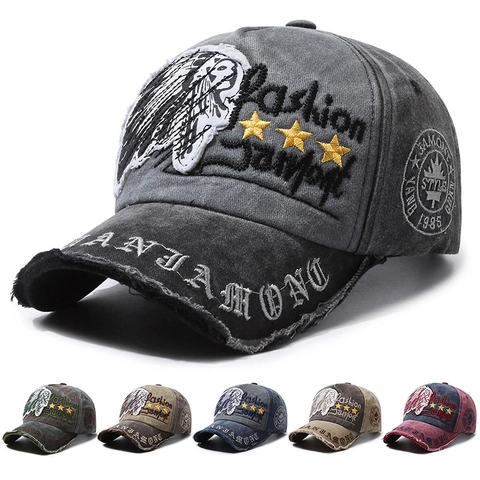 Vintage Distressed Cotton Baseball Cap Retro Washed Peaked Hat With Indian Chief Patch Star Embroidery For Men Women