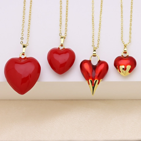 Pummelige Chinesische Rote Herz Emaille Kupfer Vergoldet Anhänger Halskette Für Damen Einfache Mode Schmuck Geburtstag Jahrestag Geschenk
