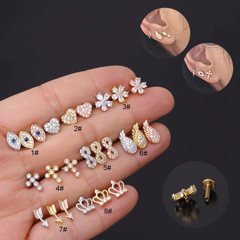 Orecchini Per Cartilagine Acciaio Inossidabile Zirconia Filettatura Interna Retro Piatto Gioielli Piercing Stile Elegante