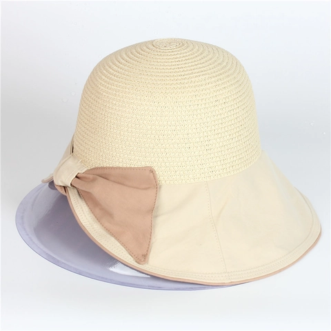 Women's Korean Style Large Brim Sun Hat Straw Woven Top Fabric Brim With Bow Elegant Summer Beach Sun Protection Bucket Hat