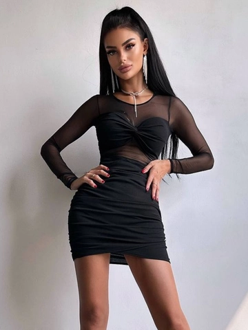 Vestito Mini Bodycon Sexy Da Donna Patchwork In Rete Maniche Lunghe Arricciato Incrocio Frontale