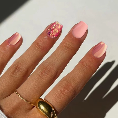 Uñas Postizas Press On Cortas Ballet Aurora Purpurina Brillante Color Sólido Estilo Europeo Americano