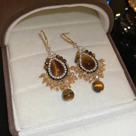 Pendientes Colgantes De Gota De Agua Vintage Con Piedra Ojo De Tigre Estrás Borla Estilo Corte Bohemio Para Mujeres