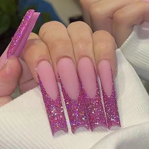 Uñas Postizas Largas Estilo Francés Rosa Mate Brillo Morado Forma De Ataúd Uñas Artificiales Para Dedos