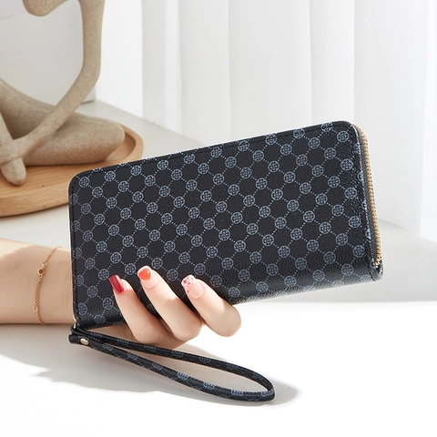 Damen Geldbörse Lang PU Leder Geometrischer Kleeblatt Druck Reißverschluss Clutch Großes Fassungsvermögen Mit Handschlaufe
