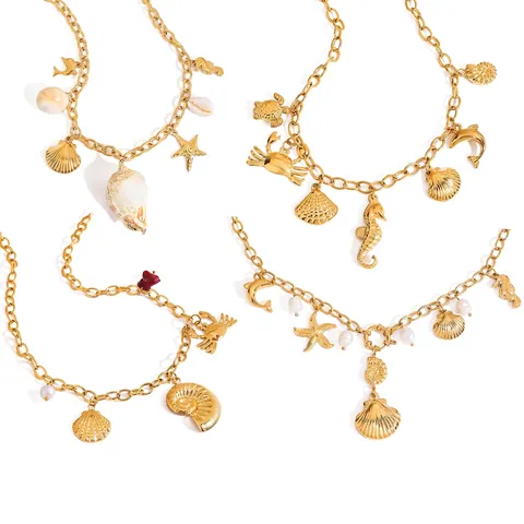 Collana Animali Marini Acciaio Inossidabile Placcato Oro 18K Perla Artificial Conchiglia Stella Marina Cavalluccio Marino Tartaruga Delfino