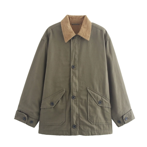 Women Vintage Workwear Jacket Contrast Corduroy Collar Patch Pockets Button Down Casual American Retro Long Sleeve