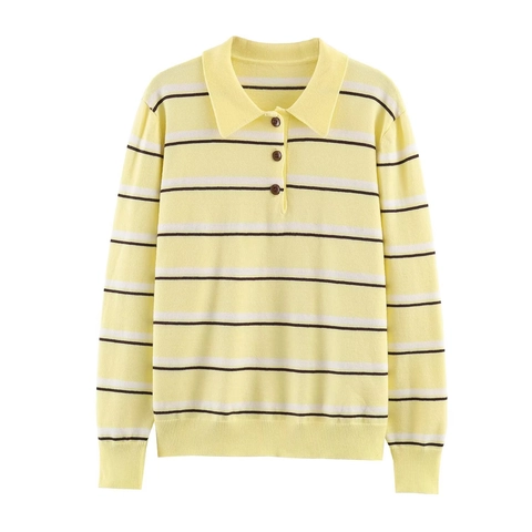 Maglione da Donna Casual a Righe con Colletto Polo Pullover in Maglia a Maniche Lunghe Top Retrò a Righe per Signora