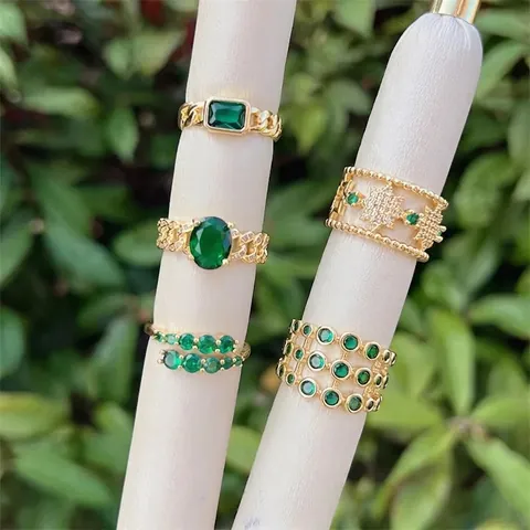 Bague En Cuivre Plaqué Or 18 Carats Zircone Verte Vintage Anneau Ouvert Réglable Pour Femmes Bijoux Minimalistes Élégants