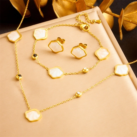 Collar Pulsera Pendientes Nácar Acero Inoxidable Trébol Flor Diamantes De Imitación Chapado En Oro Elegante Mujer Accesorios