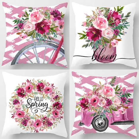 Watercolor Floral Wreath Throw Pillow Cover Peach Skin Polyester Square Soft Cushion Case Hello Spring Home Decor