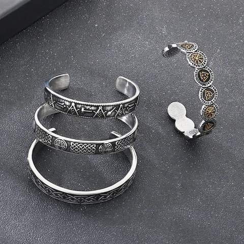 Men Vintage Stainless Steel Open Cuff Bracelet Retro Nordic Viking Rune Celtic Knot Freemasonry Punk Gothic Jewelry