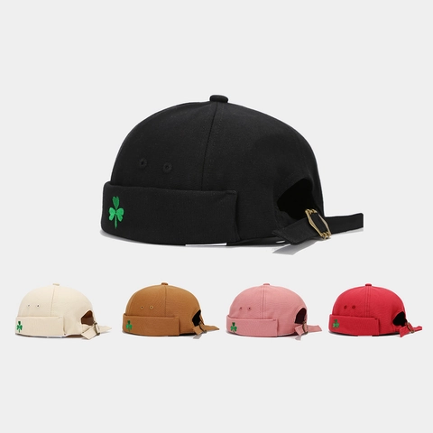 Vintage Miki Hat Docker Cap Pure Cotton Canvas Clover Embroidery Adjustable Brimless Skullcap Streetwear Unisex