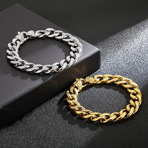 Roestvrijstalen Cubaanse Schakelketting Ketting Armband Met Bloemmotief Doos Sluiting Hip Hop Streetwear Heren Dames