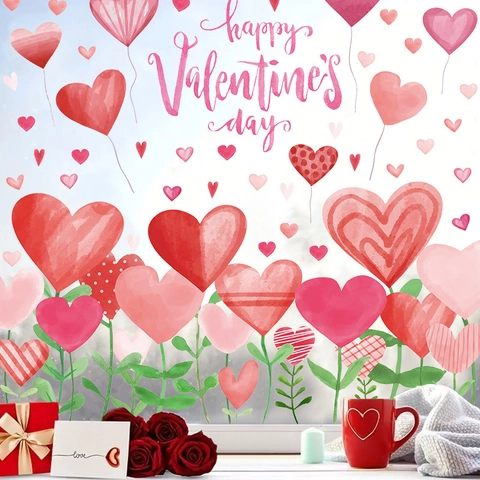 Adesivi Murali Cuore San Valentino Romantico Acquerello Finestra PVC Decalcomanie Statiche Decorazione Matrimonio Festa