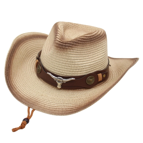 Western Cowboy Straw Hat With Leather Band And Metal Bull Head Retro Sun Protection Woven Beach Jazz Hat For Outdoor