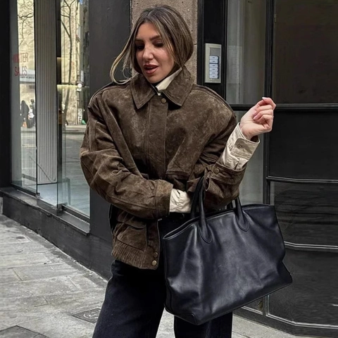 Chaqueta De Gamuza Sintética Para Mujer Color Sólido Suelta Ropa De Abrigo Cuello De Solapa Dobladillo Elástico Bolsillos Vintage Casual